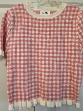So Me Pink & White Gingham Short-Sleeve Crewneck Sweater